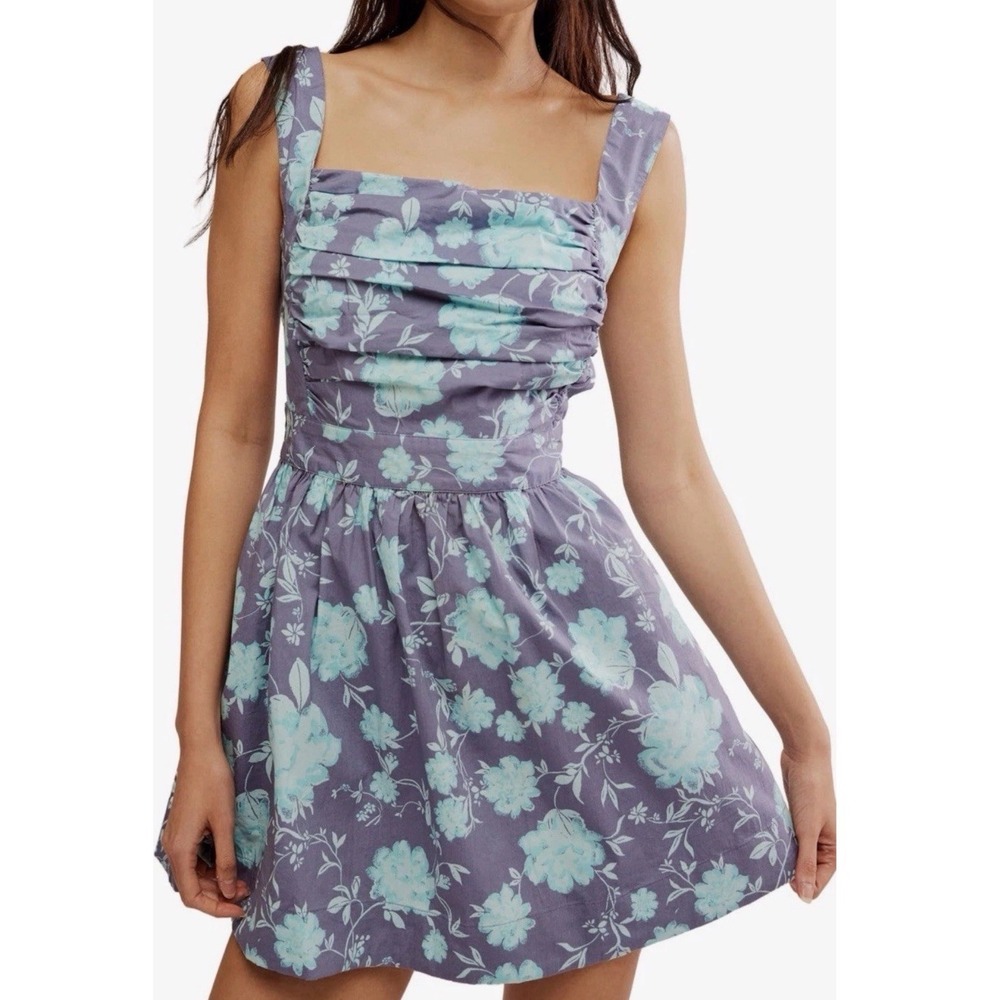 Free‎ People Meet Me In Maui Gray Blue Floral Tied Short Mini Dress Size Medium
